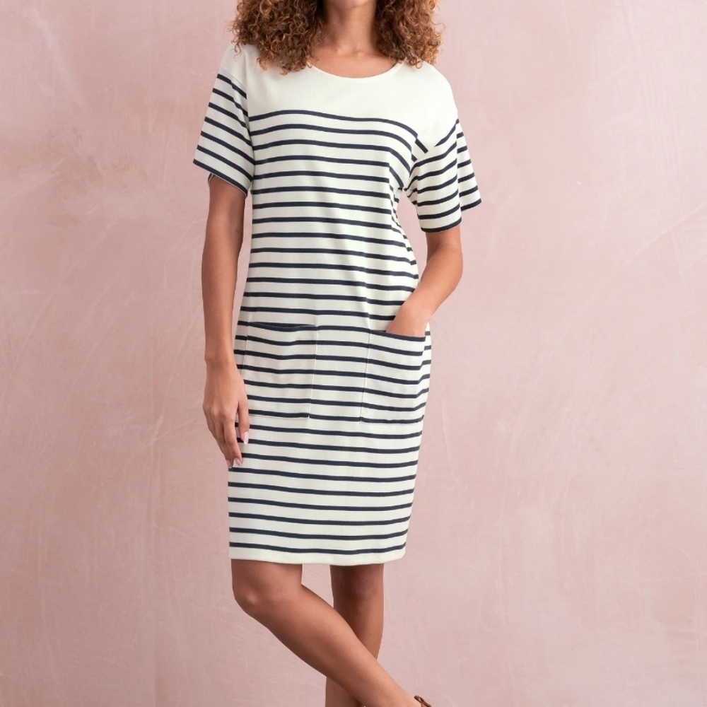 Celtic & Co Dress Organic Cotton Dress White With Navy Blue Stripes Size 12
